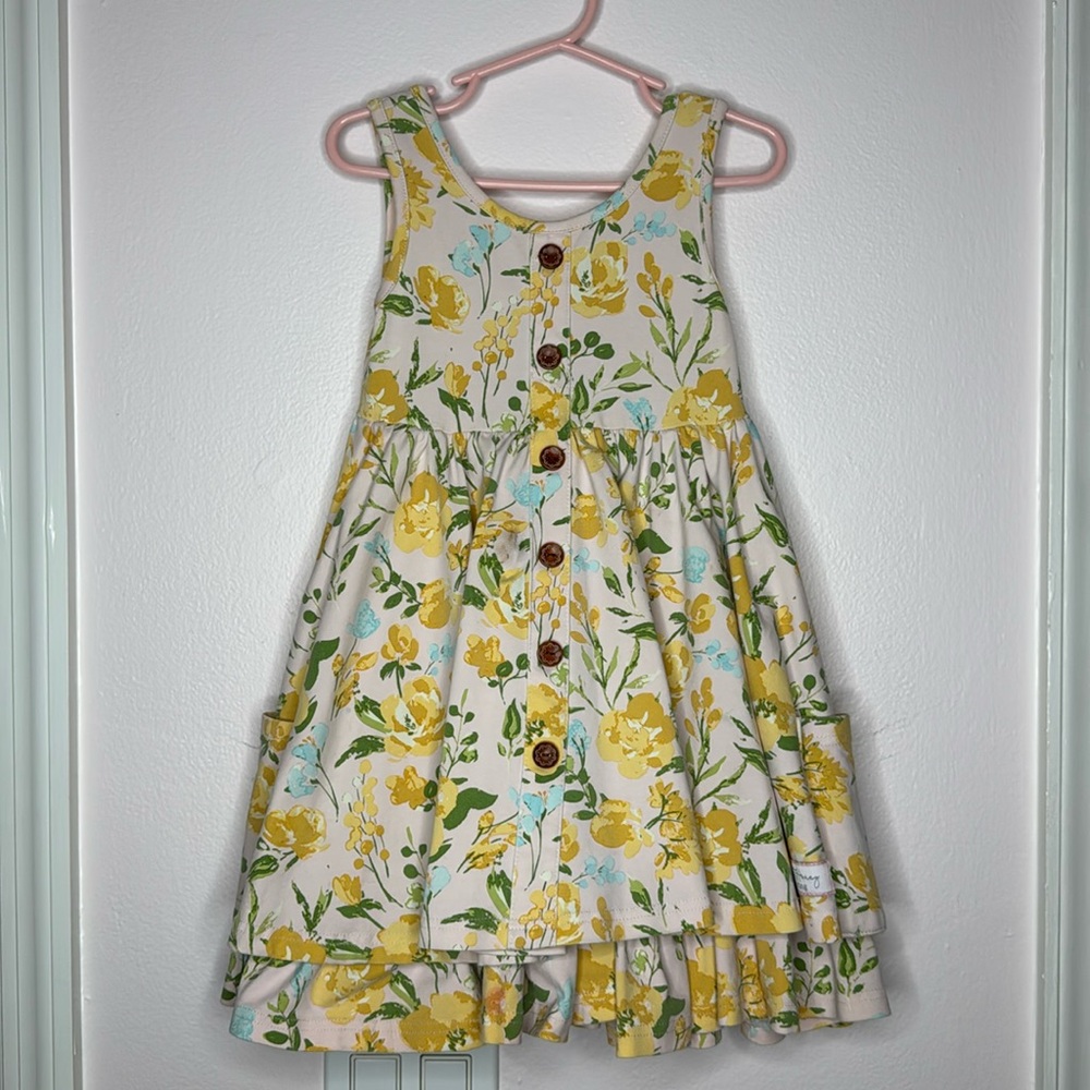 Sweet Honey flower button dress pink and yellow low size 4T.